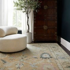 a living room with a large rug and a tree in the corner on the floor