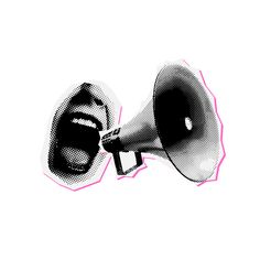 a black and white photo of a megaphone with pink lines on the side, against a white background