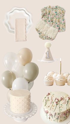 a bunch of cake, cupcakes and balloons on a table