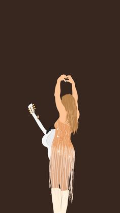 a woman holding a white guitar in her right hand while standing on a brown background