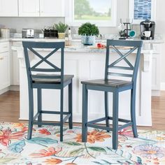 two chairs sitting in front of a kitchen island