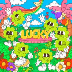 an image of cartoon characters with the word lucky in front of flowers and rainbows