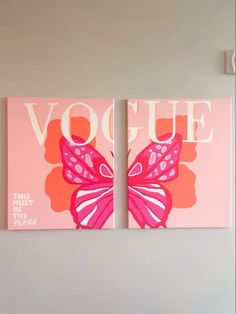 two paintings on the wall with pink and orange butterflies in front of them, one has a