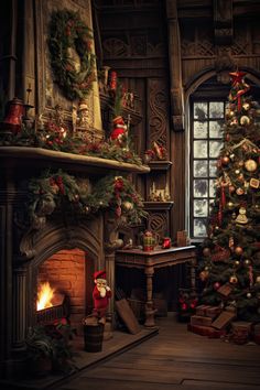 a decorated christmas tree sitting in front of a fire place