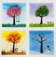 four different paintings of trees with snowmen