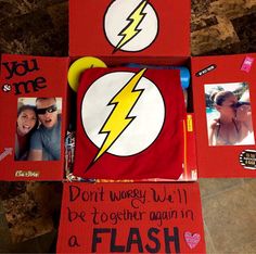 the flash logo has been placed on top of some red boxes with pictures and words