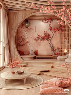 a living room decorated in pink and white with cherry blossoms on the wall, round coffee table