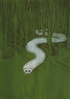 a painting of an animal in the water surrounded by trees and grass with white feathers