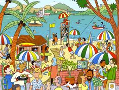 a painting of people on the beach with umbrellas