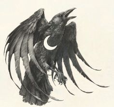 a black and white drawing of a bird with the moon in it's wings