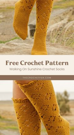 a woman's legs in yellow crochet socks with text overlay that reads free crochet pattern walking on sunshine crochet socks