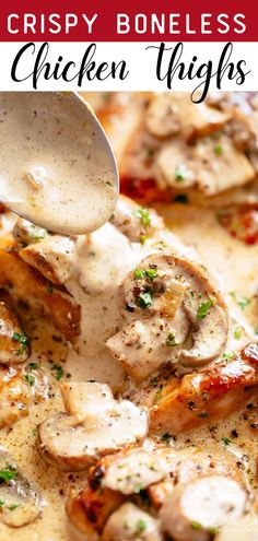 chicken thighs with gravy being drizzled over them