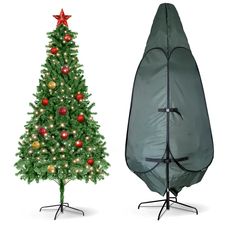 an ironing board next to a christmas tree