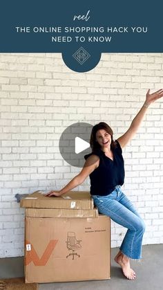 a woman sitting on top of a cardboard box with her arms in the air and text overlay that reads, how to sell online shopping hacks