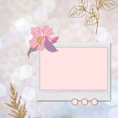 a white frame with pink flowers and leaves on it against a light colored boke background