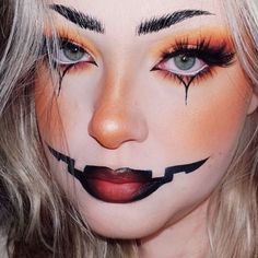 Cute Pumpkin Halloween Makeup, Simply Halloween Makeup, Halloween Pumpkin Makeup Looks, Pumpkin Costume Makeup Cute, Pumpkin Eye Makeup Halloween, Pumpkin Clown Makeup, Cute Pumpkin Makeup Ideas, Holloween Makeup Glam, Jack O Lantern Makeup Easy