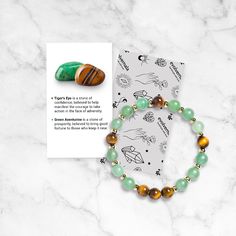 Handcrafted on a tension tested stretch cord with authentic Green Aventurine and Tiger's Eye gemstones. Italian Phrases, Tiger Eye Bracelet, Good Fortune, Tigers Eye Gemstone, Green Aventurine, Tiger Eye, Stones And Crystals, Gemstone Beads, Crystals