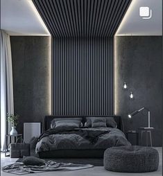 a modern bedroom with black and white decor