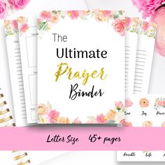 the ultimate prayer binder bundle with pink flowers and gold foil lettering on white paper