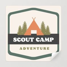 a square sticker with the words scout camp in front of a teepeel and trees