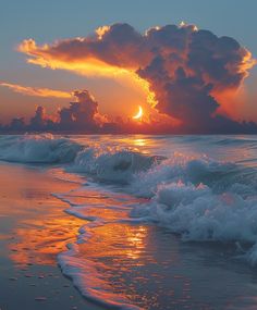 the sun is setting over the ocean with waves crashing on the shore and clouds in the sky