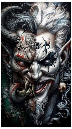 a painting of a clown with white hair and makeup on his face, in black background