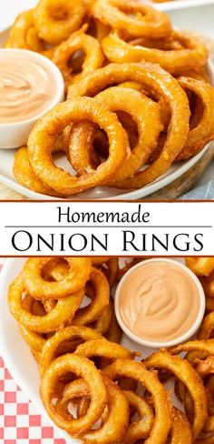 homemade onion rings on a white plate with dipping sauce in the middle and an overhead view of them