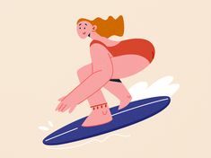 a woman riding a surfboard on top of a wave in pink and blue colors