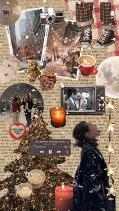 a collage of photos and pictures with a woman standing in front of a christmas tree