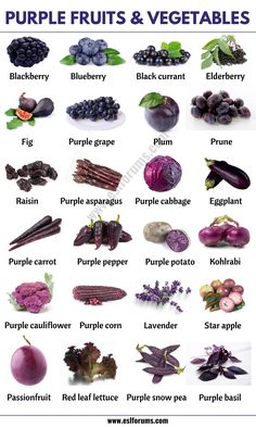 purple fruits and vegetables are shown with the names in english, spanish, and french