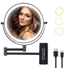 a woman's face is shown in the mirror next to two plugged hair dryers