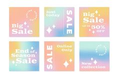 four square stickers with the words big sale, end of season only and new collection