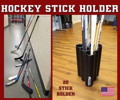 hockey stick holder with 20 sticks in it and the words hockey stick holder written below