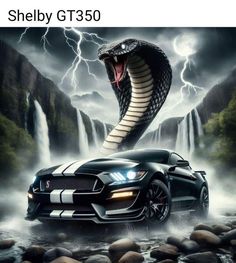 a black car with a snake on it's head and lightning in the background