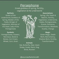 a green poster with the words persephonee and an image of a statue