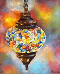 an oil painting of a colorful lamp on a pole with a chain hanging from it