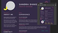 a purple and black resume is shown on the left, and right side of the page