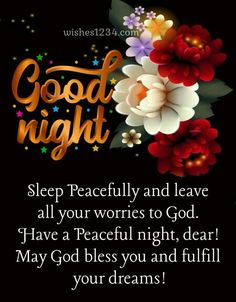 a card with flowers and the words good night written in gold lettering on black background