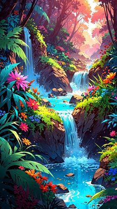 a painting of a waterfall in the middle of a forest filled with flowers and plants