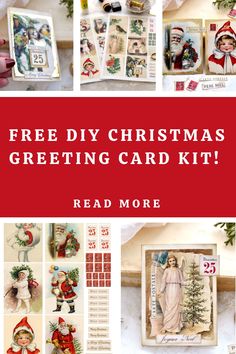 the christmas greeting card kit is shown with pictures and text that reads, free diy christmas