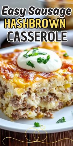 easy sausage hashbrown casserole on a white plate with text overlay