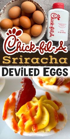 chicken eggs sit in bowls next to deviled eggs on a plate with ketchup and mayonnaise