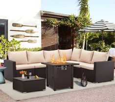 ECOTOUGE 8 Pieces Patio Furniture Set with Fire Pit Table (50,000BTU) Brown, Outdoor Dining Gas Fire Pit Table with Lid, Lava Rock, All Weather PE Wicker Outdoor Sectional Sofa Set with Coffee Table Outdoor Fire Pit Patio, Fire Pit Patio Set, Wicker Outdoor Sectional, Backyard Renovations