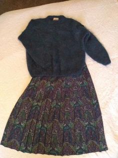 "Vintage Lairds of Scotland mohair sweater in teal blue and pleated wool paisley skirt in teal blue/olive/purple that match perfectly.  Both pieces were only worn a couple of times and are as new from smoke-free and pet-free home.  Sweater is 25\" long and 23\" from arm pit to arm pit. Skirt is 28\" waist and 30\" length." Paisley Skirt, Vintage Skirts, Wool Skirt, Mohair Sweater, Sweater Vintage, Clothes Ideas, Wool Skirts, Edgy Outfits, Vintage Skirt