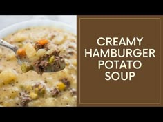 creamy hamburger potato soup in a white bowl with a spoon full of meat and vegetables