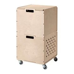 a wooden storage box on wheels with holes in the front and bottom section, sitting against a white background