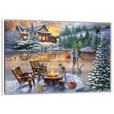 a painting of people walking around a fire pit in the snow next to a cabin