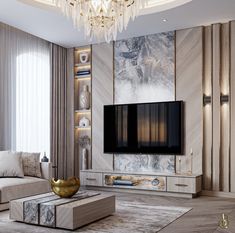 an elegant living room with marble walls and gold accents on the wall, chandelier hanging from the ceiling