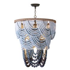 a blue chandelier with beads hanging from it's center point and two lights on each side