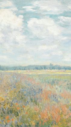 an oil painting of a field with grass and flowers in the foreground, clouds above